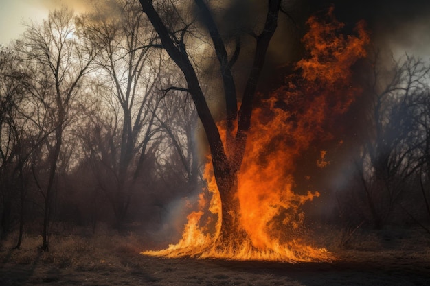 Une image puissante d'un arbre en feu sur fond de rouges et d'oranges vifs