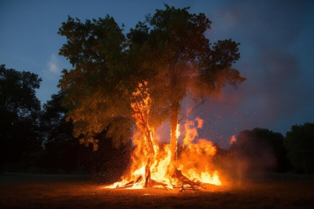 Une image puissante d'un arbre en feu sur fond de rouges et d'oranges vifs