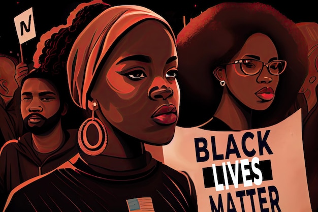 Image puissante du mouvement Black Lives Matter luttant contre la discrimination raciale et revendiquant l'égalité des droits Les manifestants descendent dans la rue dirigés par une femme déterminée demandant justice