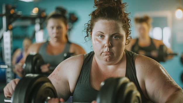 Photo une image puissante de femmes grosses soulevant des poids dans une salle de sport leurs visages concentrés et déterminés mettant en évidence la force l'autonomisation et le défi des objectifs personnels au sein d'une communauté de soutien