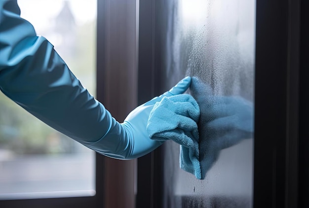 une image de quelqu'un nettoyant une porte de salle de bains avec une couleur bleue dans le style d'un miroir