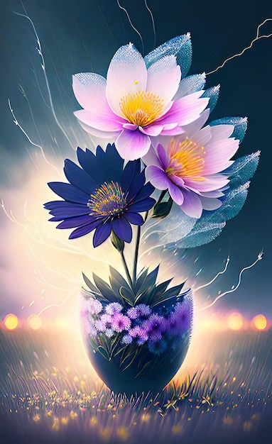 Une image qui combine l'énergie de la foudre avec la beauté délicate des fleurs épanouies