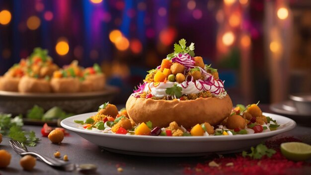 une image qui dégagent l'esprit festif du chaat indien sur une assiette blanche contre une table de restaurant