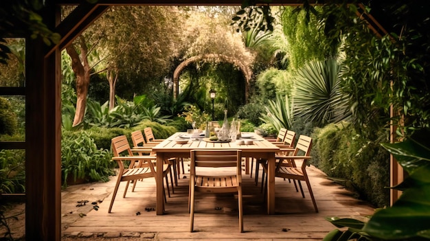 Une image raffinée d'une salle à manger extérieure enchanteresse offrant un cadre charmant et élégant pour une soirée d'été mémorable
