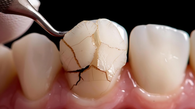 Une image rapprochée d'une dent qui est fissurée et endommagée La dent est examinée par un dentiste avec un outil dentaire