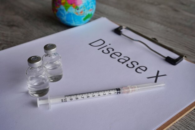Photo image rapprochée du globe de la seringue en flacon et du texte maladie x sur la table concept médical et de soins de santé