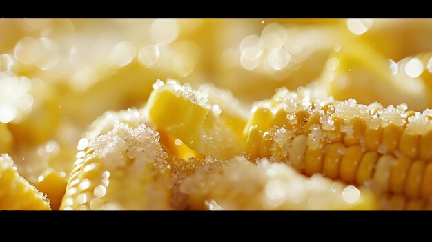 Photo une image rapprochée d'un tas de grains de maïs avec quelques grains de sel sur le dessus le maïs est en focus tandis que l'arrière-plan est flou