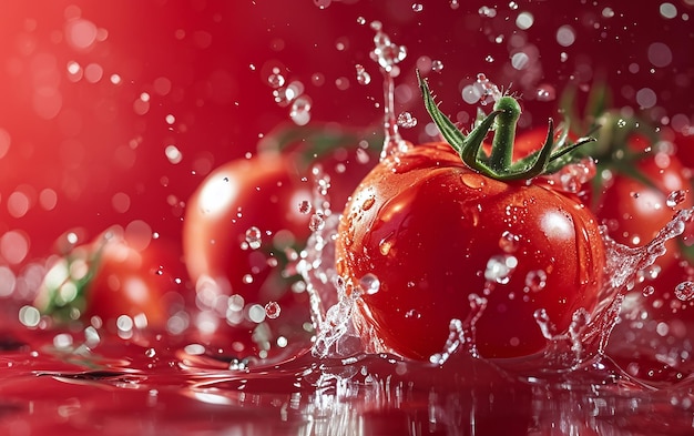 Image rapprochée d'une tomate et d'une éclaboussure d'eau sur fond rouge