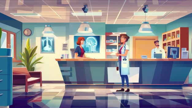 Image à rayons X de la salle d'accueil de l'hôpital avec une réceptionniste et un médecin qui la regardent. Arrière-plan de dessin animé représentant une salle d'attente du service médical et du département des soins de santé