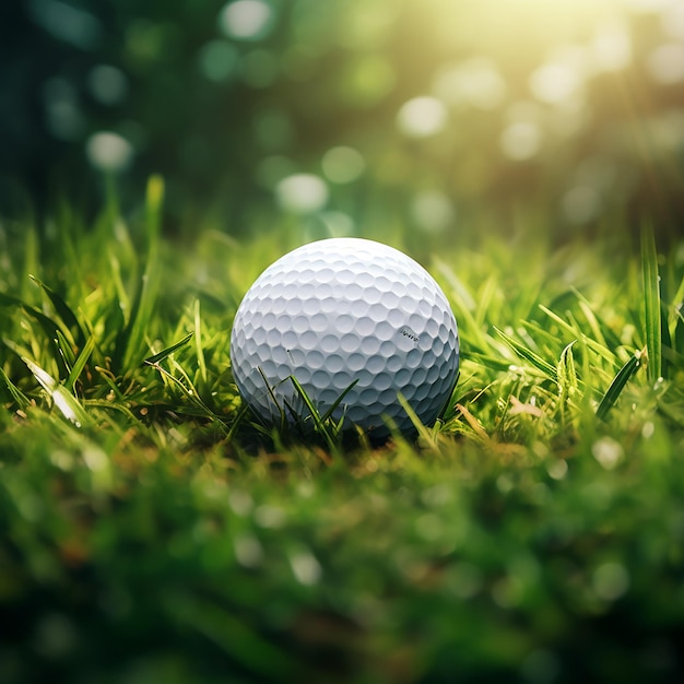 Image réaliste en 3D d'une balle de golf sur un terrain herbeux près de la coupe