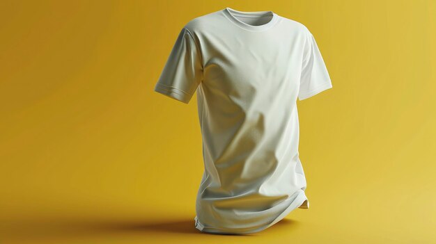 Image réaliste 3D d'un t-shirt blanc uni en vue de face sur fond jaune