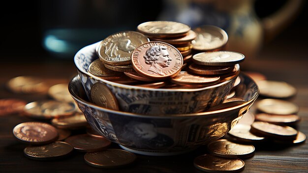 Une image réaliste de l'argent qui coule d'une coupe