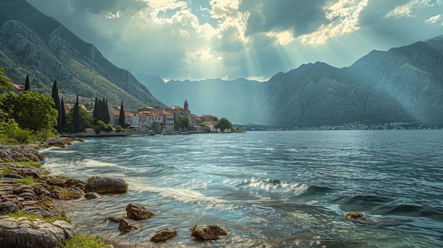 Image réaliste de la baie de Kotor par une journée légèrement nuageuse la lumière du soleil brisant les nuages