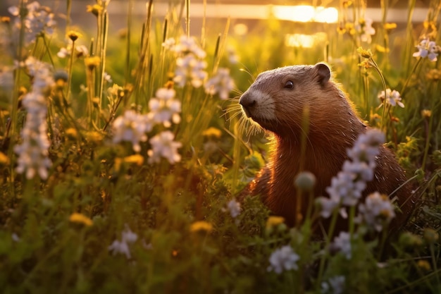 Image réaliste du castor qui se trouve dans le pré Belle image d'illustration AI générative