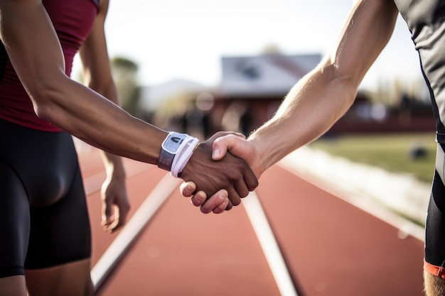 Image recadrée de deux concurrents se serrant la main avant une course créée avec une IA générative