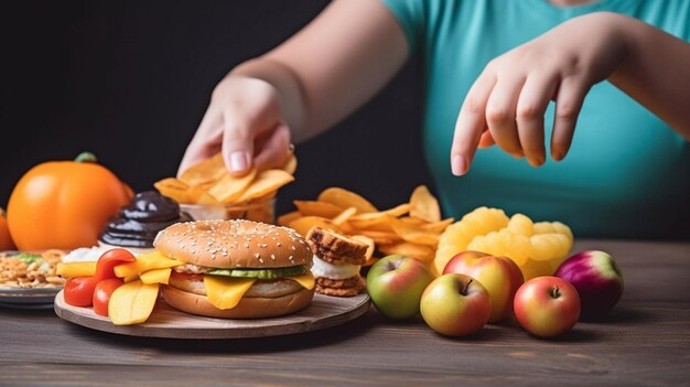 Image recadrée d'une femme obèse choisissant des aliments sains plutôt que des aliments mauvais AI générative