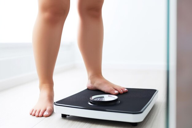 Image recadrée d'une femme se pesant sur une balance créée avec une IA générative