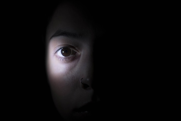 Image recadrée de l'œil d'une femme dans la chambre noire