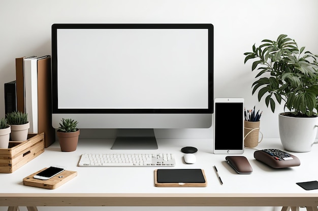 Image Recadrée D'un Poste De Travail Contemporain Avec Un Bureau En Bois,  Un Ordinateur Portable à écran Vierge, Un Smartphone, Des Fournitures De  Bureau Et Des Décorations Sur Fond De Murs Blancs