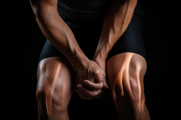 Image recadrée d'un sportif souffrant de douleurs au genou sur fond noir Homme souffrant de douleurs au genou sur fond noir présenté dans une bannière panoramique générée par AI