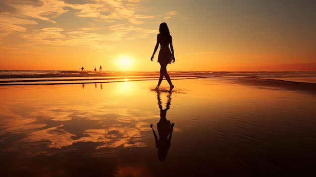 Image réfléchissante d'une fille marchant au bord de la mer