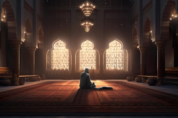 Image relaxante et engageante d'un homme assis dans la mosquée générée par l'IA