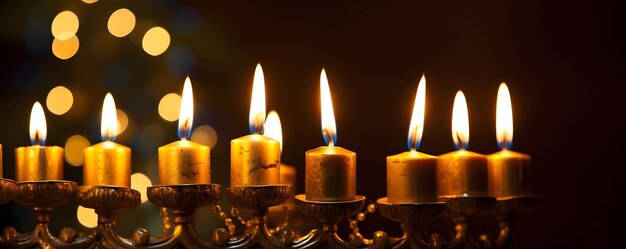 Image religieuse de la fête juive Hanukkah à l'arrière-plan avec la ménora, des chandeliers traditionnels et des bougies