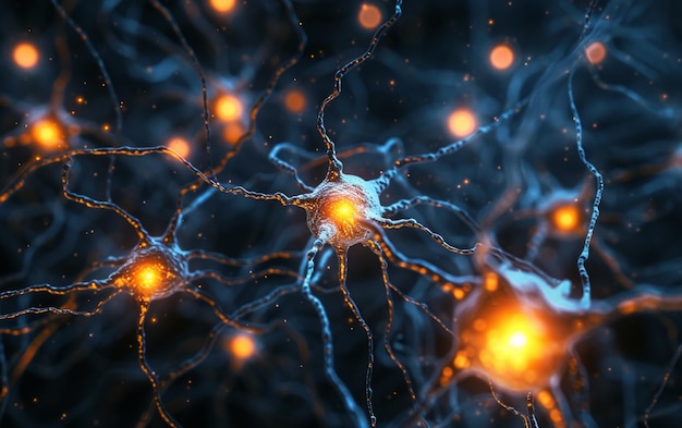 Une image rendu en 3D affiche un réseau de cellules neuronales sur un fond noir symbolisant le brouillard