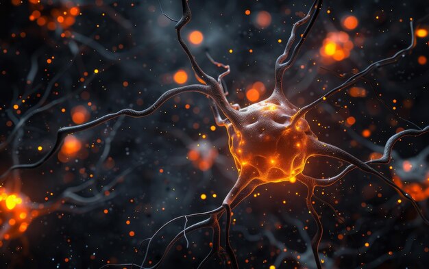 Une image rendu en 3D affiche un réseau de cellules neuronales sur un fond noir symbolisant le tir neu