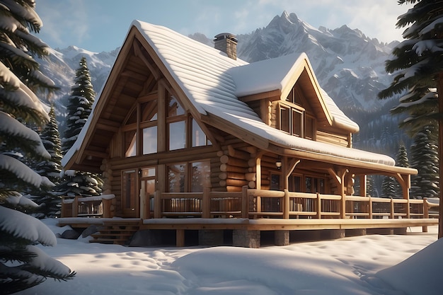 Image de rendu 3D d'une confortable cabane de retraite en montagne