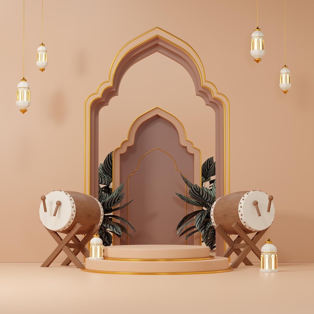 Image de rendu 3d du fond du podium thème ramadan et eid fitr avec des objets de décoration islamiques