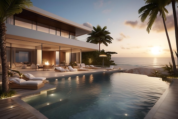 Image de rendu 3D d'une luxueuse villa en bord de mer