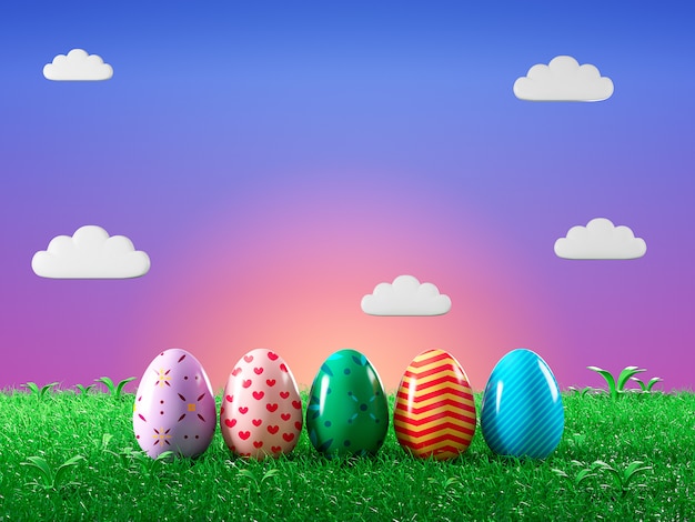 Image de rendu 3D oeuf de Pâques décorer sur le terrain avec gazon