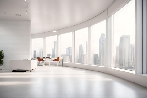 Image de rendu 3D d'une salle de bureau blanche moderne Il y a un mur et un sol en carrelage blancLa pièce a un grand