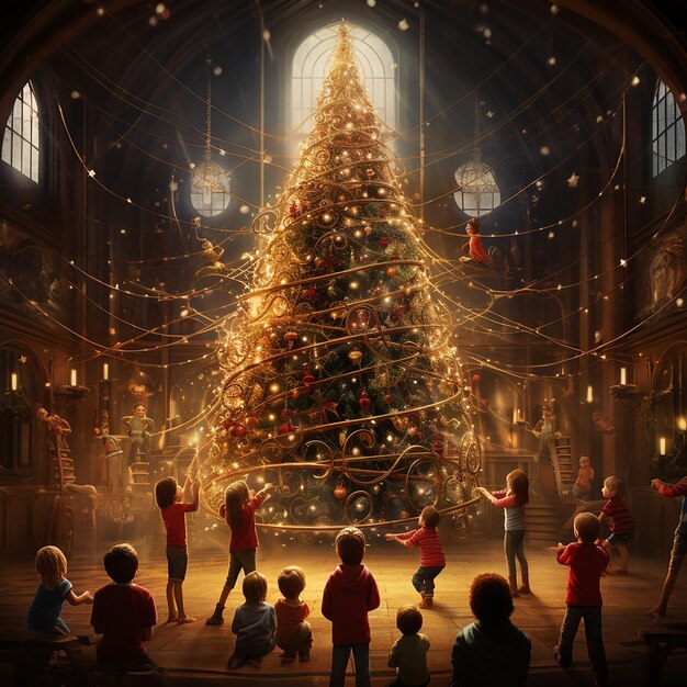 Photo image rendue en 3d d'un arbre de noël avec des enfants qui jouent