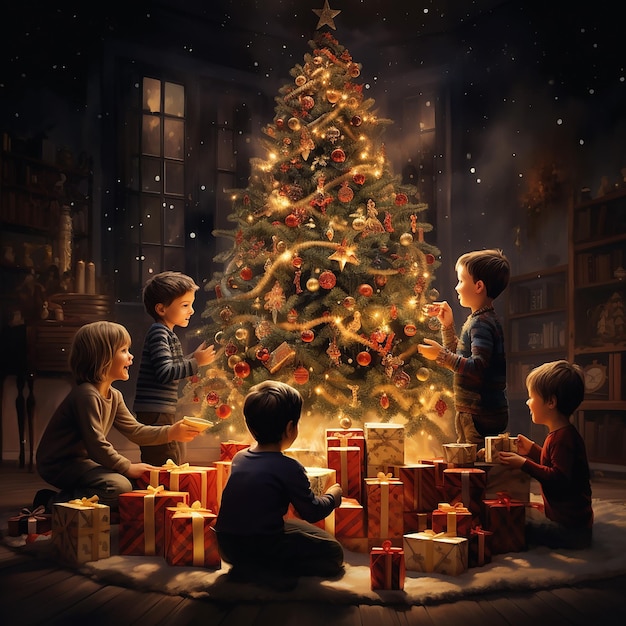 Image rendue en 3D d'un arbre de Noël avec des enfants qui jouent