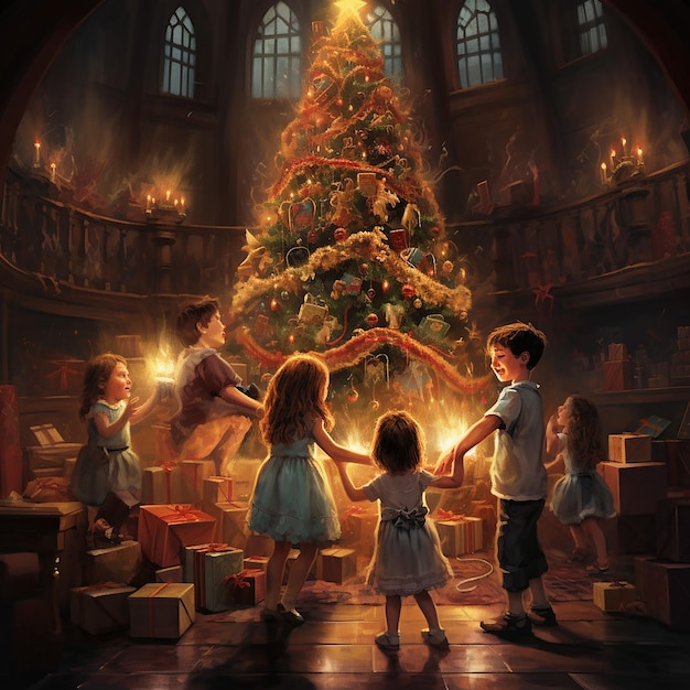 Image rendue en 3D d'un arbre de Noël avec des enfants qui jouent