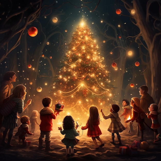 Image rendue en 3D d'un arbre de Noël avec des enfants qui jouent