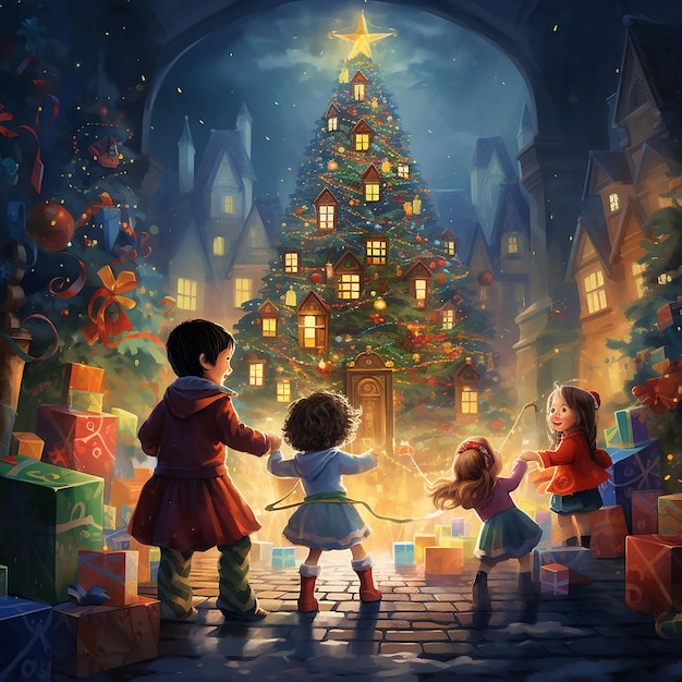 Image rendue en 3D d'un arbre de Noël avec des enfants qui jouent