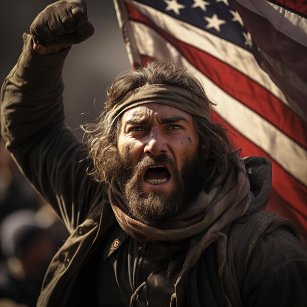 Photo image de reportage d'un manifestant brandissant un drapeau génératif ai