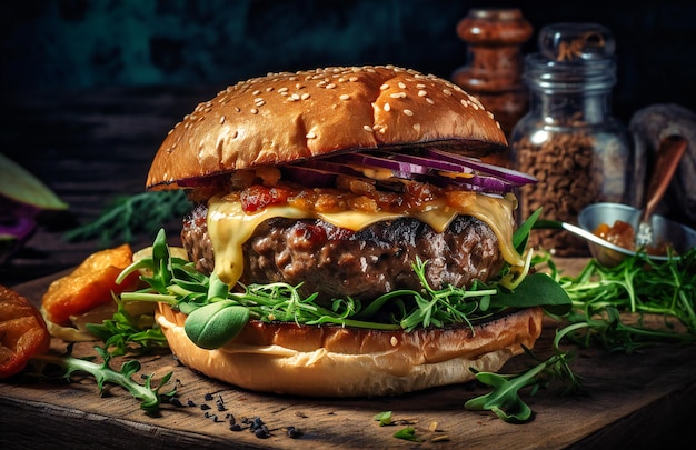 L'image représente un impressionnant burger de boeuf