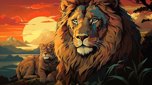 Cette image représente un lion et son petit au coucher du soleil dans une étreinte chaleureuse