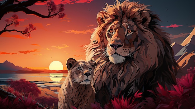 Cette image représente un lion et son petit au coucher du soleil dans une étreinte chaleureuse