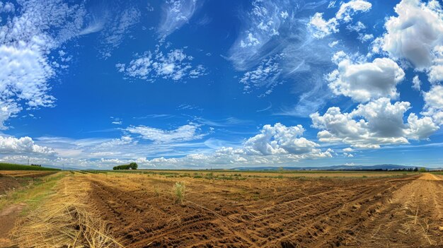 L'image représente un paysage de ferme avec un ciel bleu nuageux