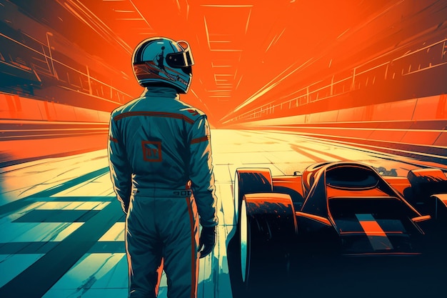 L'image représente un pilote pilote de voiture de course f1 devant un circuit ouvert dans le style de l'affiche de l'art précisionniste scifi Formula 1 Generative ai