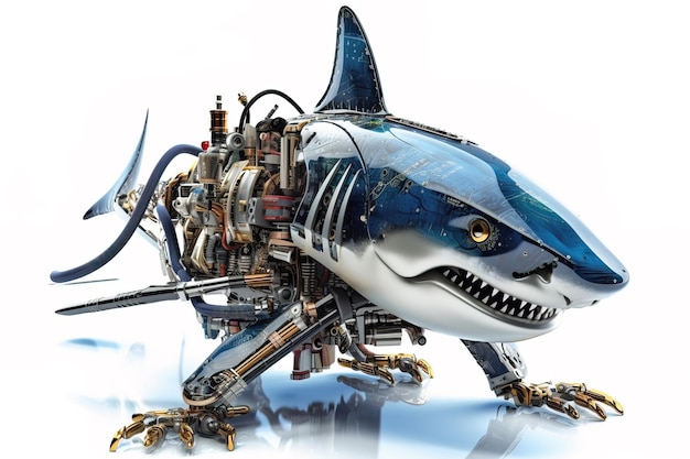 Image d'un requin modifié en robot sur fond blanc illustration d'animaux sous-marins IA générative