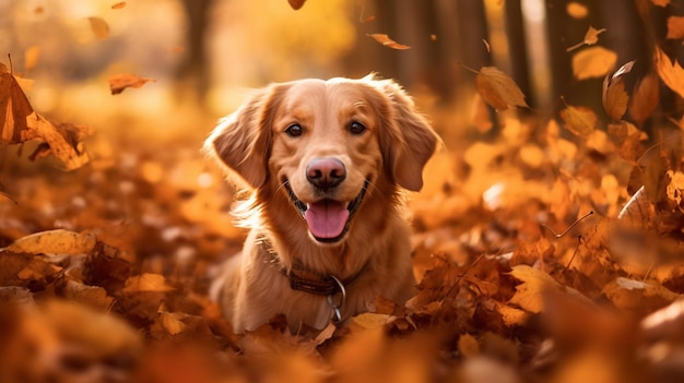 Une image d'un retriever qui joue dans une pile de feuilles d'automne capturant son esprit ludique et son amour