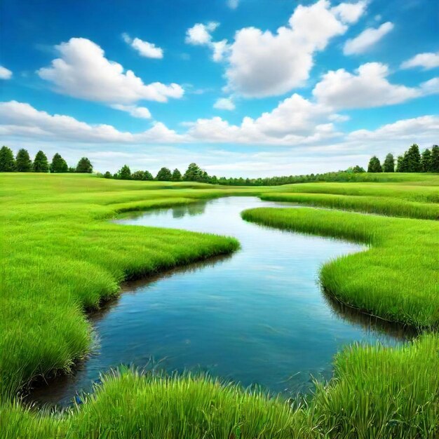 Photo une image d'une rivière avec un ciel bleu et des nuages