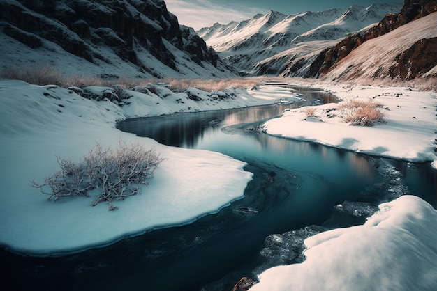 Image d'une rivière gelée dans les hauts plateaux enneigés