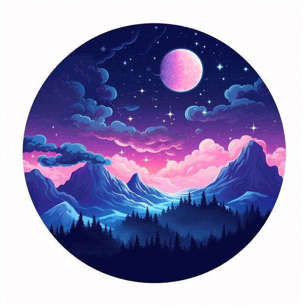 Une image ronde d'un paysage de montagne avec une pleine lune ai générative
